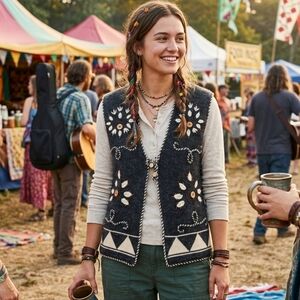 Vintage Handmade Embroidered Boho Festival Dark Grey knitted Vest Size M/L